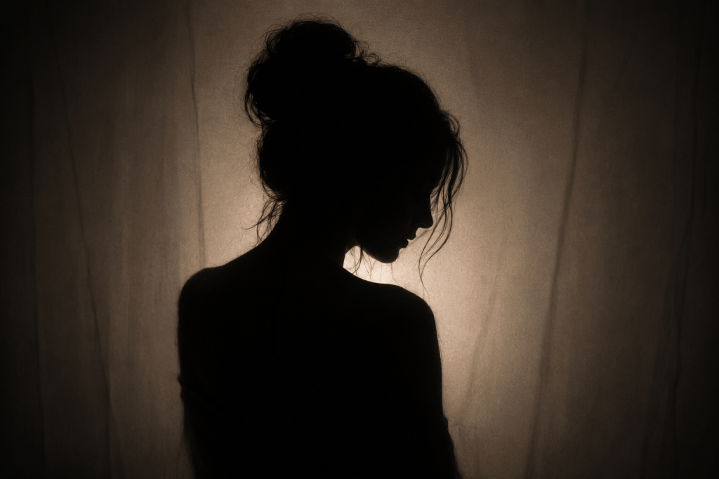 A dark silhouette of a woman in profile, head bowed, standing behind a softly illuminated curtain. Her face and body are mostly obscured in shadow, creating a quiet, melancholic sense of emotional numbness.