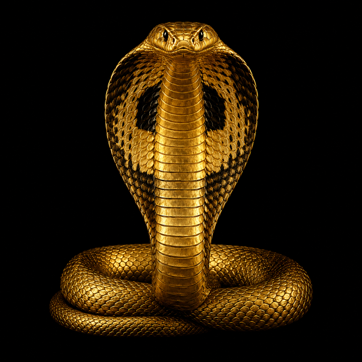 A highly detailed golden cobra-inspired serpent, coiled against a black circular background with its hood raised and facing directly forward.